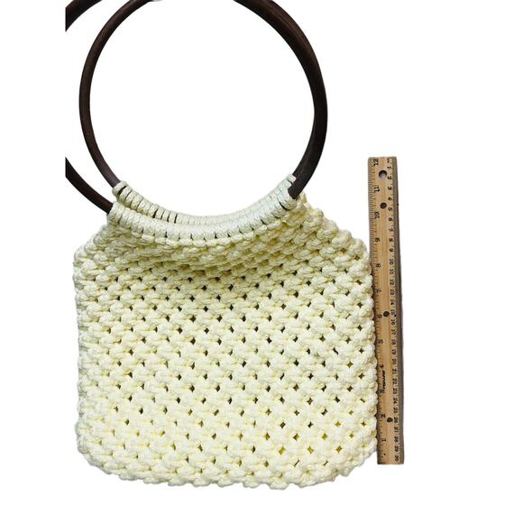 Macrame Handbag Purse Wooden Handle Crochet Knit Boho Chic Cream Small - Picture 5 of 12